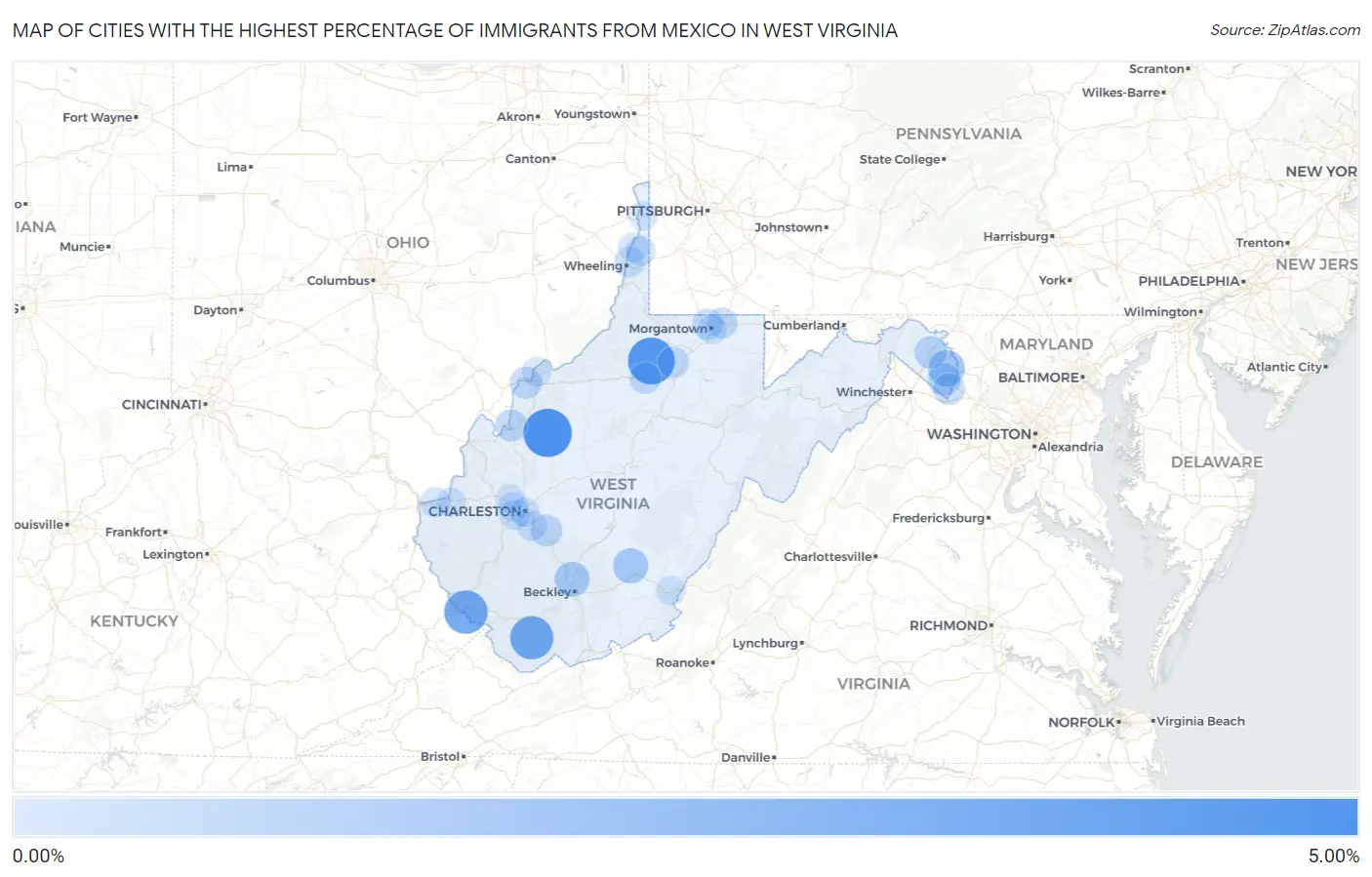 Cities with the Highest Percentage of Immigrants from Mexico in West Virginia Map