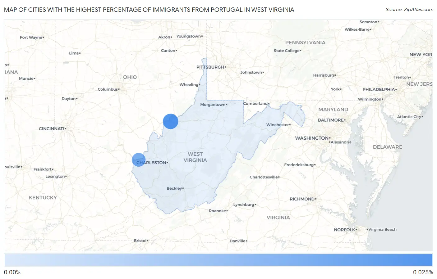 Cities with the Highest Percentage of Immigrants from Portugal in West Virginia Map