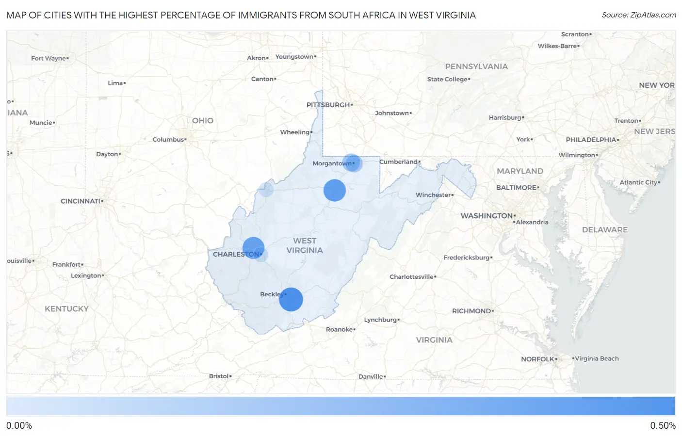 Cities with the Highest Percentage of Immigrants from South Africa in West Virginia Map