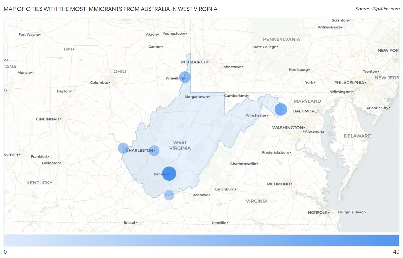 Cities with the Most Immigrants from Australia in West Virginia Map