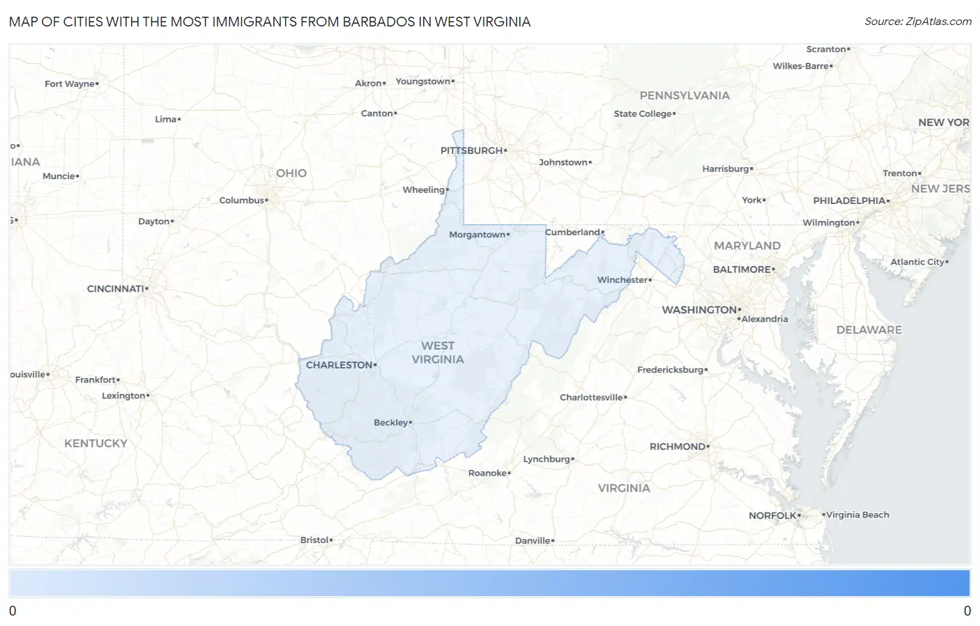 Cities with the Most Immigrants from Barbados in West Virginia Map