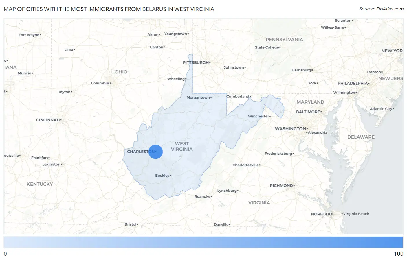 Cities with the Most Immigrants from Belarus in West Virginia Map