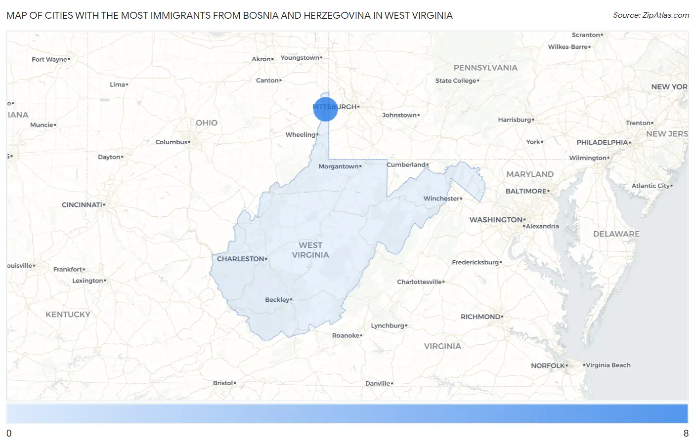 Cities with the Most Immigrants from Bosnia and Herzegovina in West Virginia Map