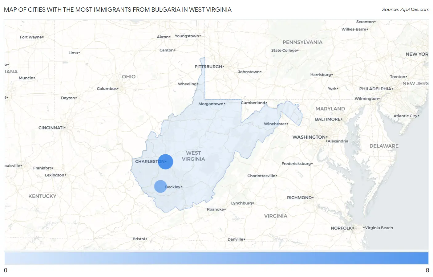 Cities with the Most Immigrants from Bulgaria in West Virginia Map