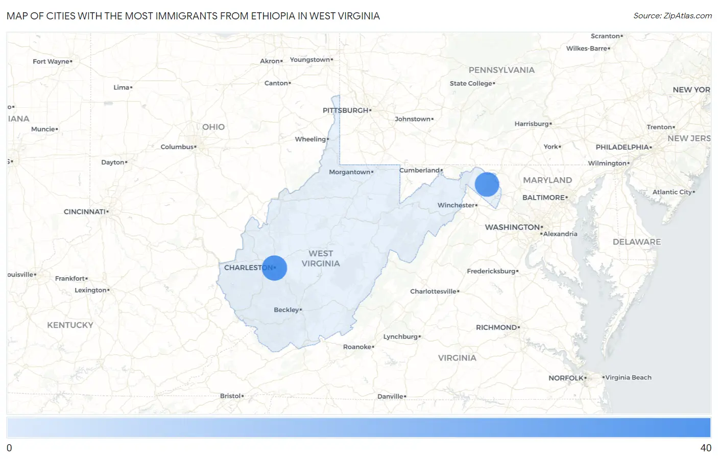 Cities with the Most Immigrants from Ethiopia in West Virginia Map