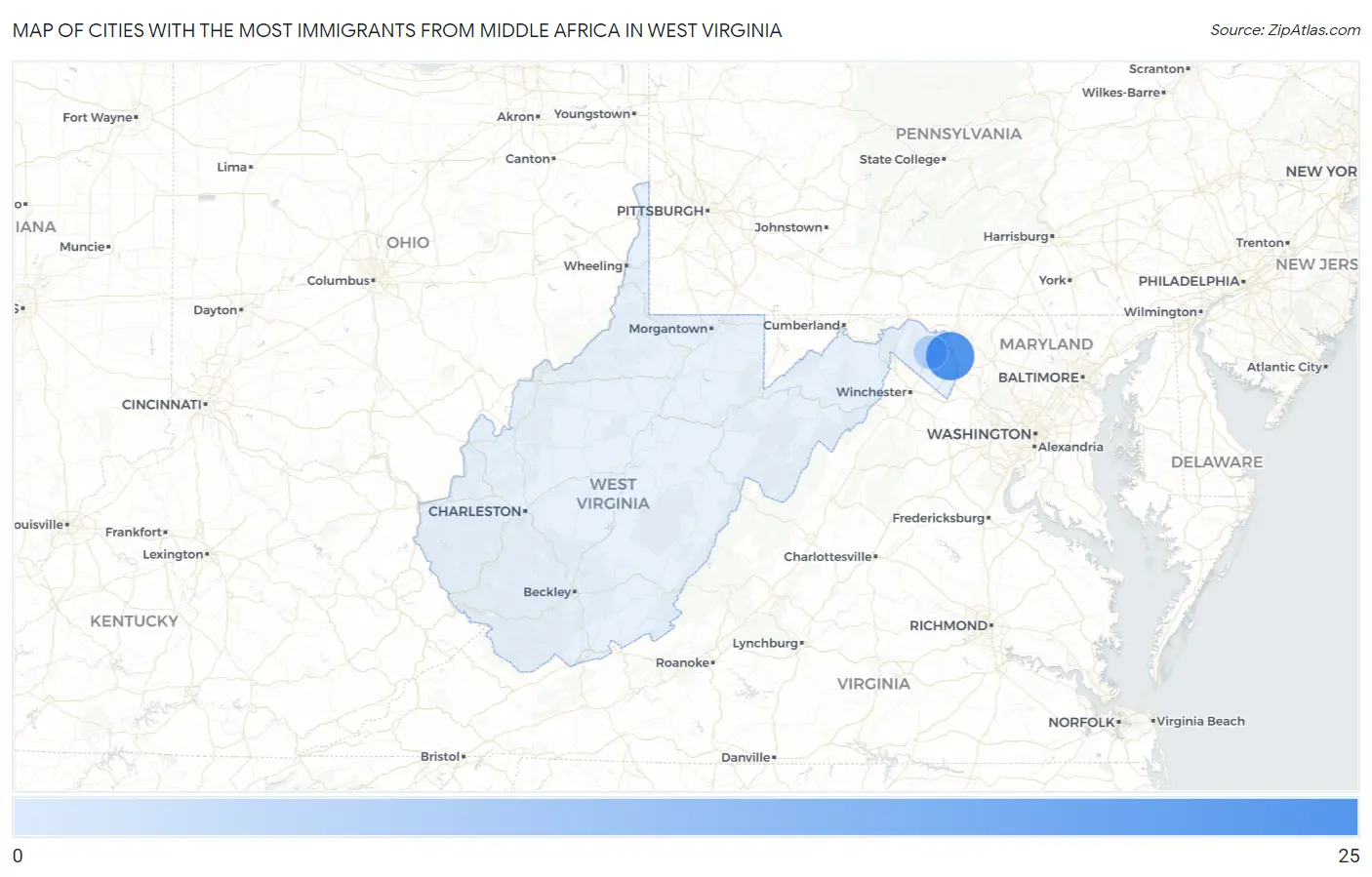 Cities with the Most Immigrants from Middle Africa in West Virginia Map