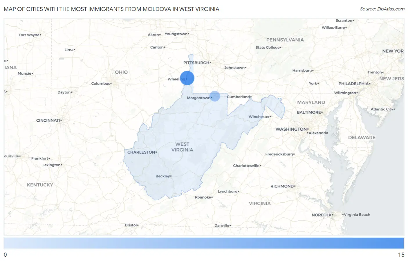 Cities with the Most Immigrants from Moldova in West Virginia Map