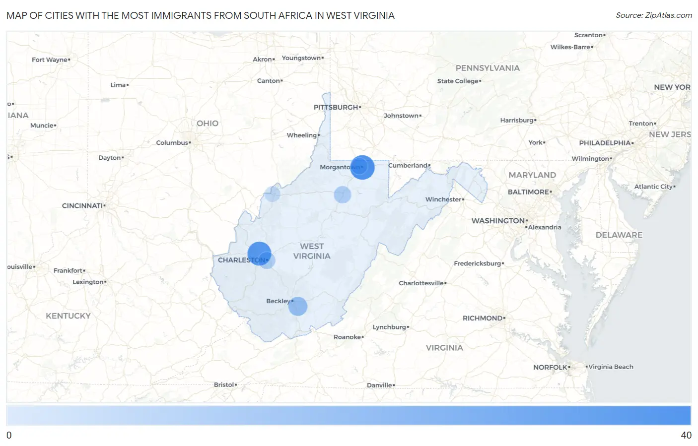 Cities with the Most Immigrants from South Africa in West Virginia Map