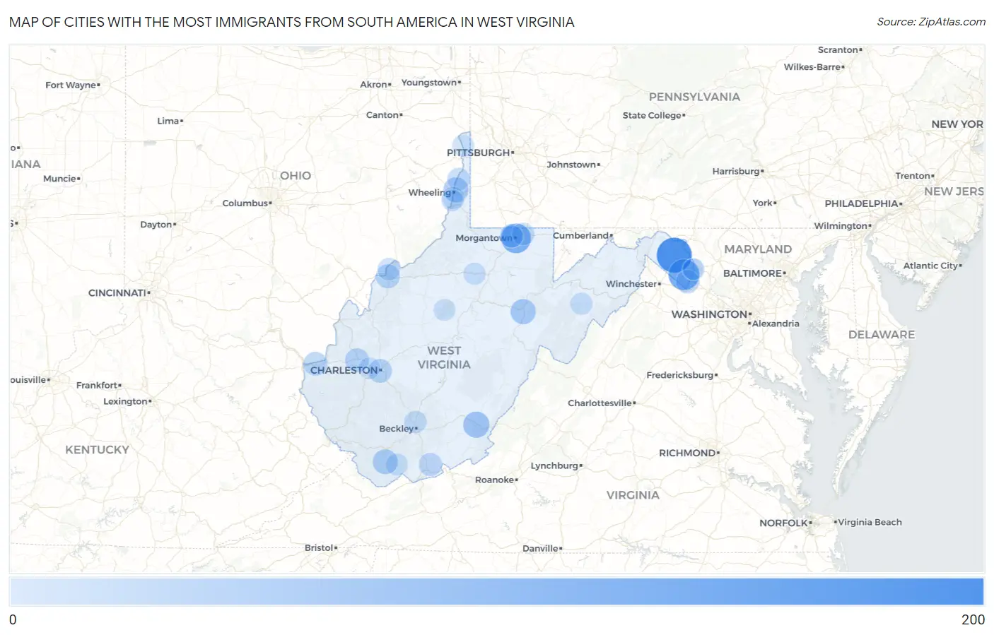 Cities with the Most Immigrants from South America in West Virginia Map