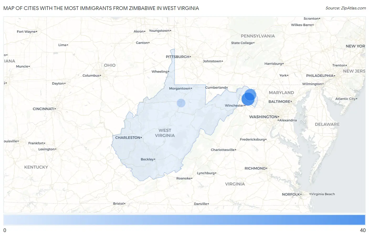 Cities with the Most Immigrants from Zimbabwe in West Virginia Map