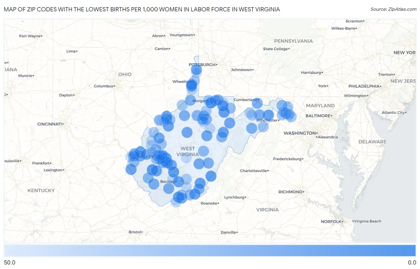 Zip Codes with the Lowest Births per 1,000 Women in Labor Force in West Virginia Map