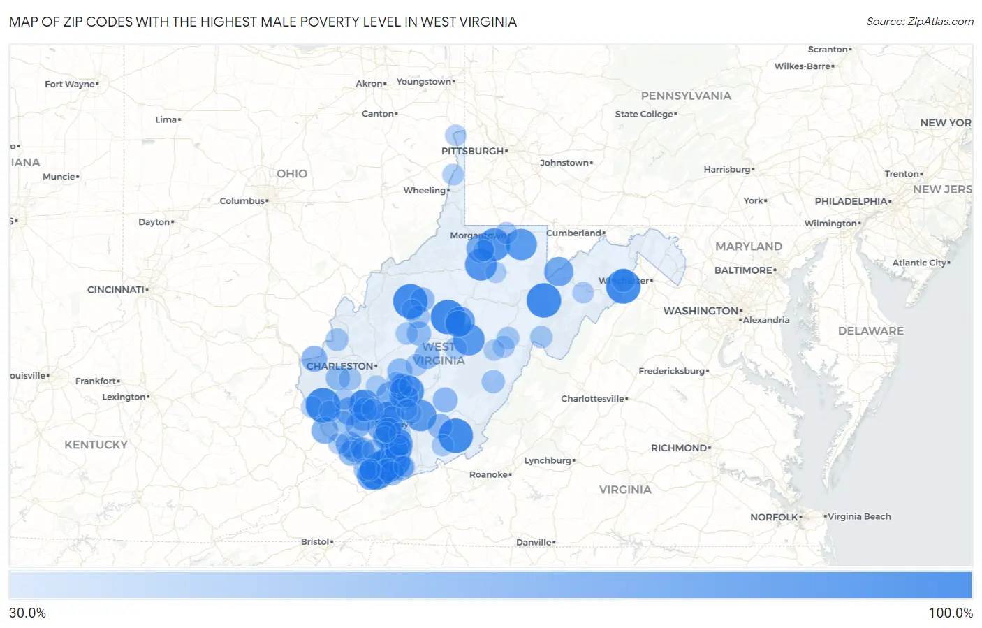 Zip Codes with the Highest Male Poverty Level in West Virginia Map