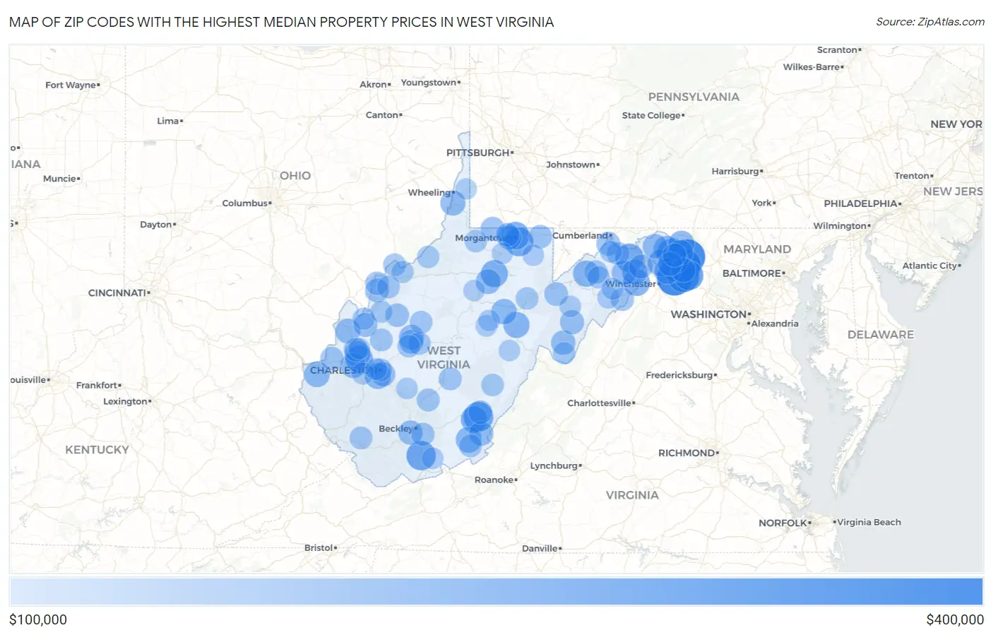 Zip Codes with the Highest Median Property Prices in West Virginia Map