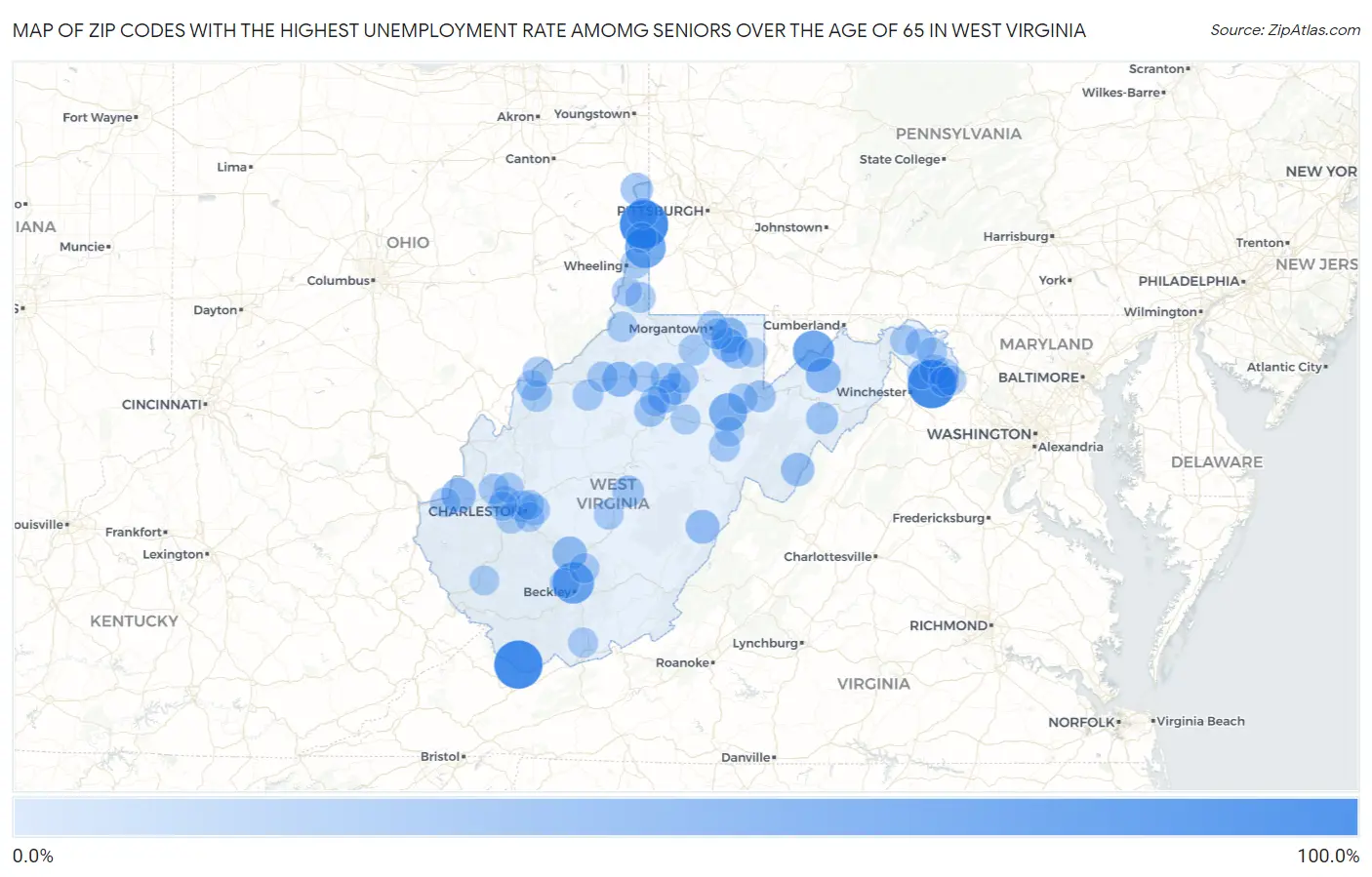 Zip Codes with the Highest Unemployment Rate Amomg Seniors Over the Age of 65 in West Virginia Map
