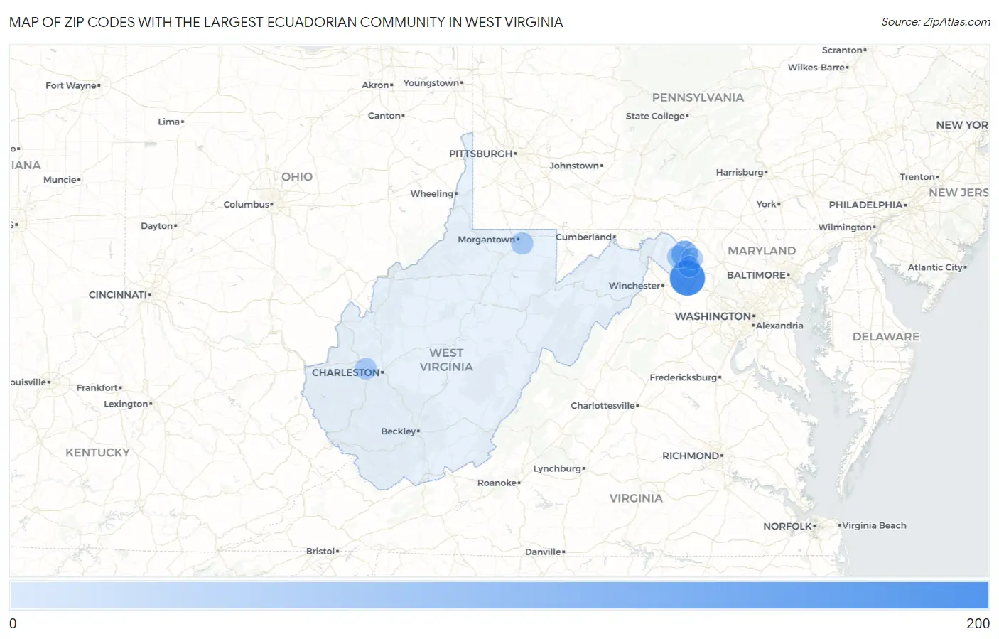 Zip Codes with the Largest Ecuadorian Community in West Virginia Map
