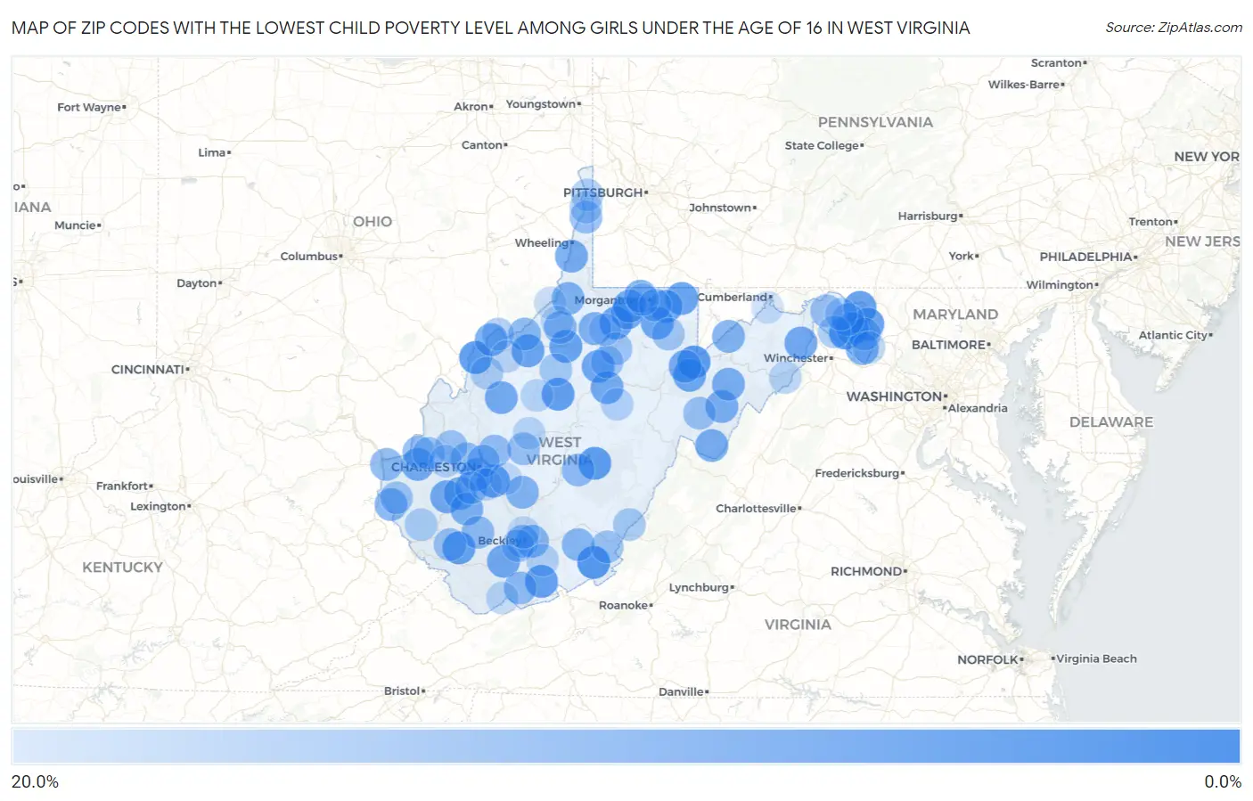 Zip Codes with the Lowest Child Poverty Level Among Girls Under the Age of 16 in West Virginia Map