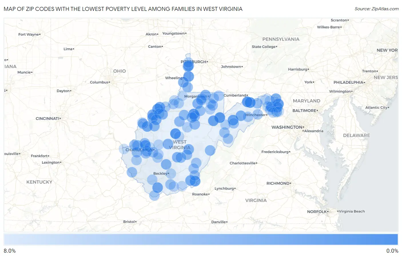 Zip Codes with the Lowest Poverty Level Among Families in West Virginia Map