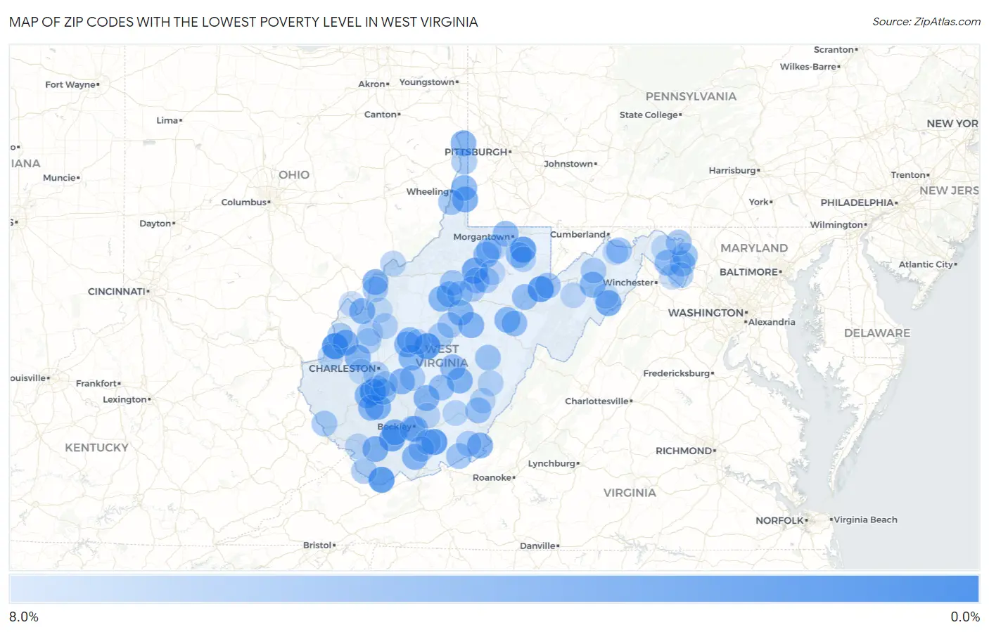 Zip Codes with the Lowest Poverty Level in West Virginia Map