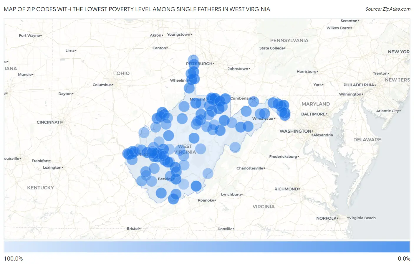 Zip Codes with the Lowest Poverty Level Among Single Fathers in West Virginia Map