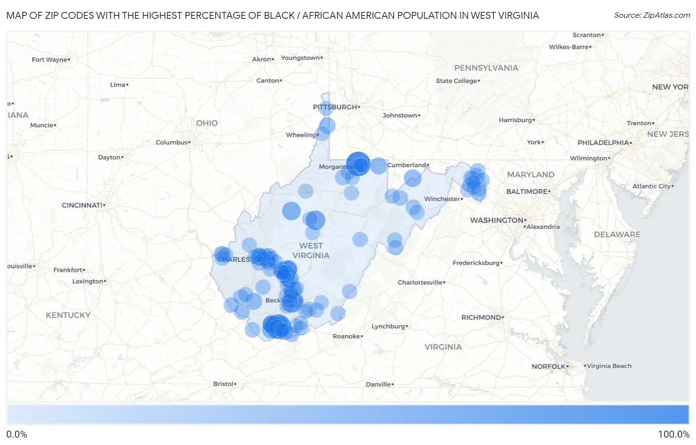Zip Codes with the Highest Percentage of Black / African American Population in West Virginia Map