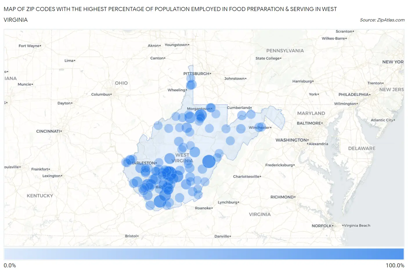 Zip Codes with the Highest Percentage of Population Employed in Food Preparation & Serving in West Virginia Map