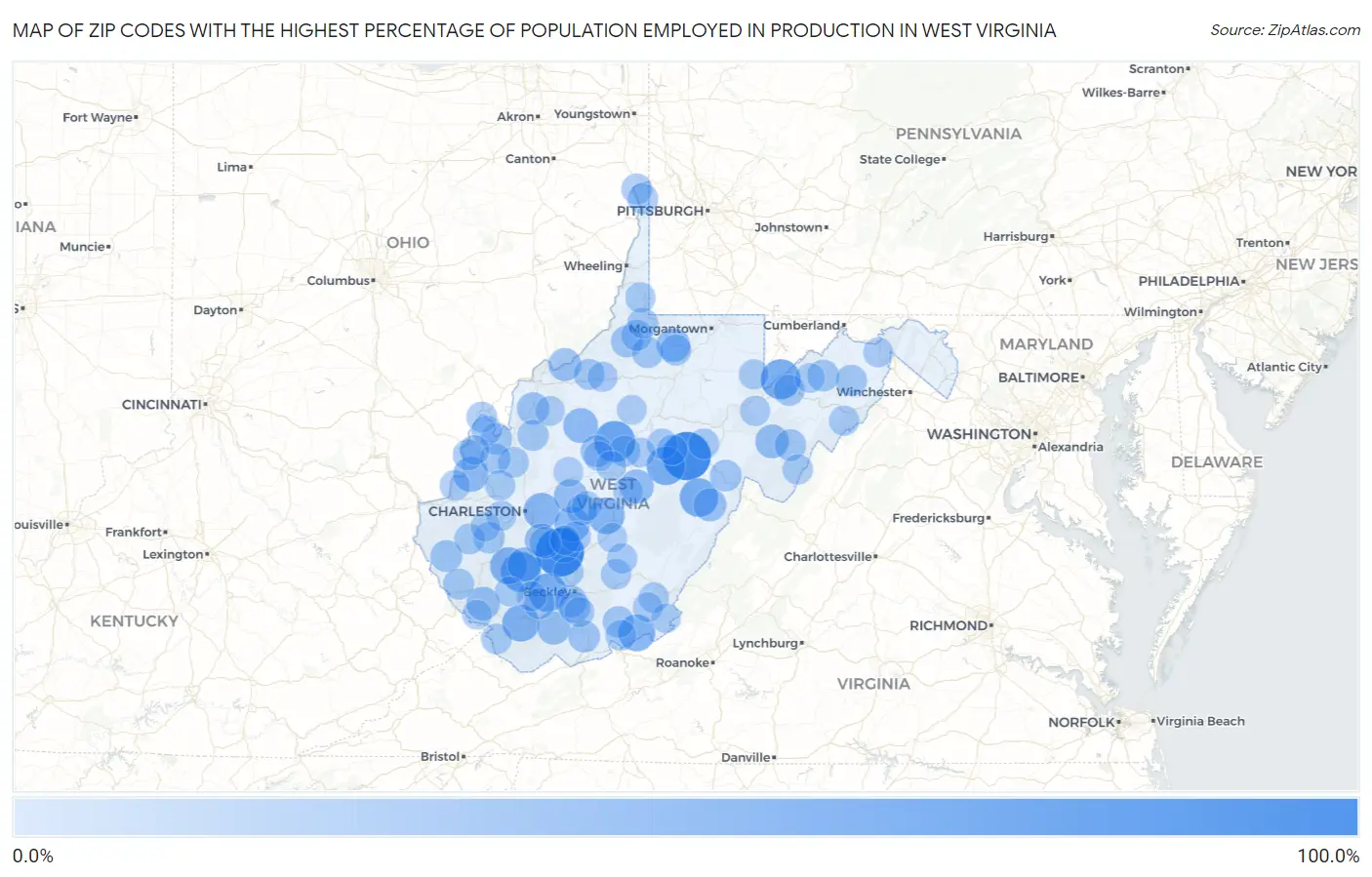 Zip Codes with the Highest Percentage of Population Employed in Production in West Virginia Map