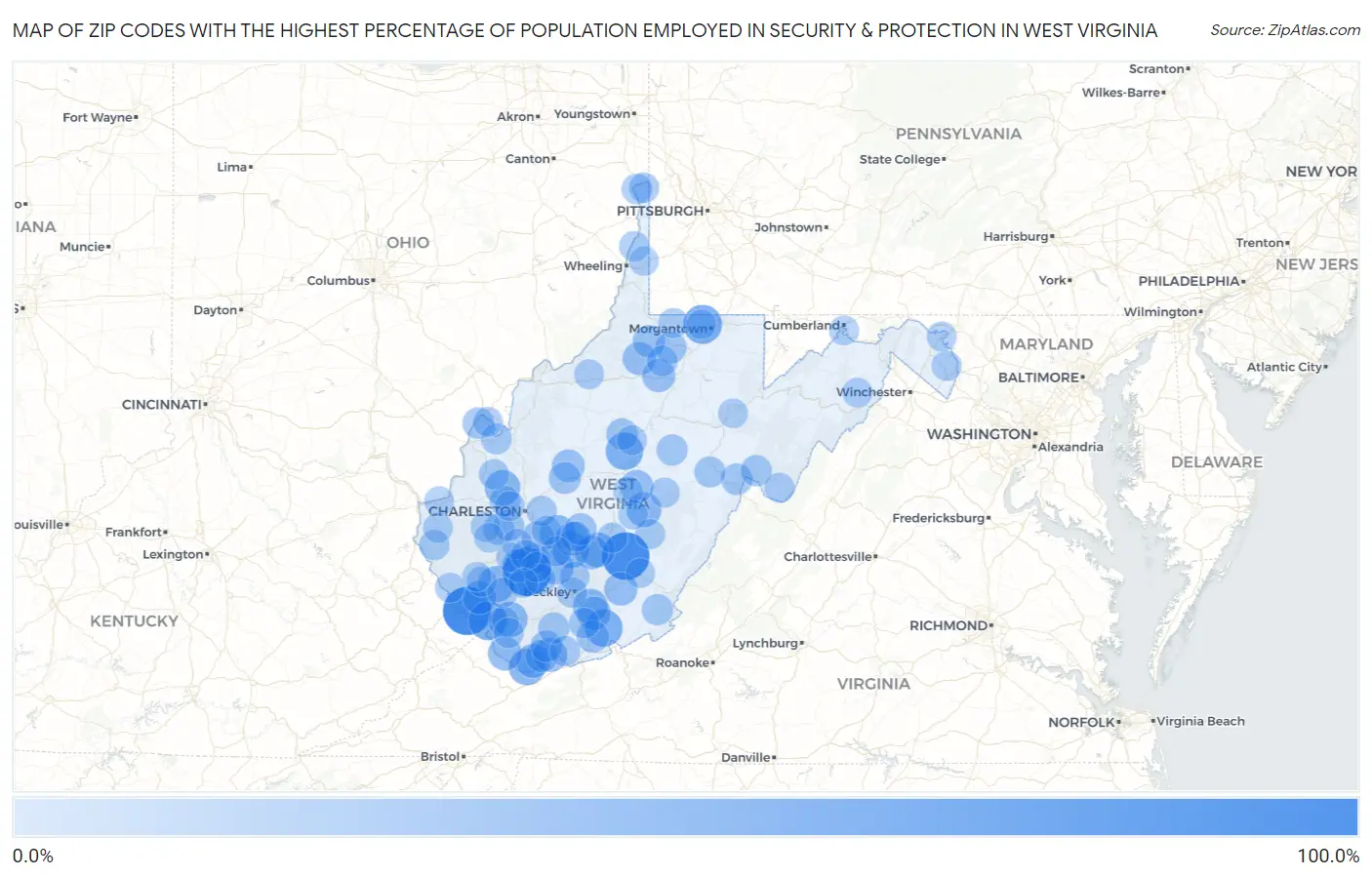 Zip Codes with the Highest Percentage of Population Employed in Security & Protection in West Virginia Map
