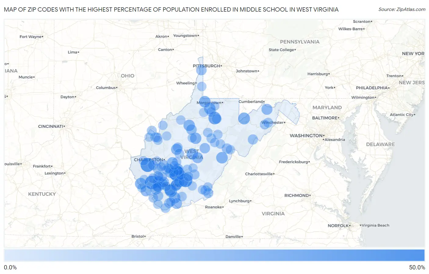 Zip Codes with the Highest Percentage of Population Enrolled in Middle School in West Virginia Map