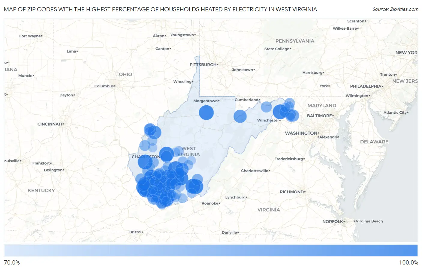 Zip Codes with the Highest Percentage of Households Heated by Electricity in West Virginia Map