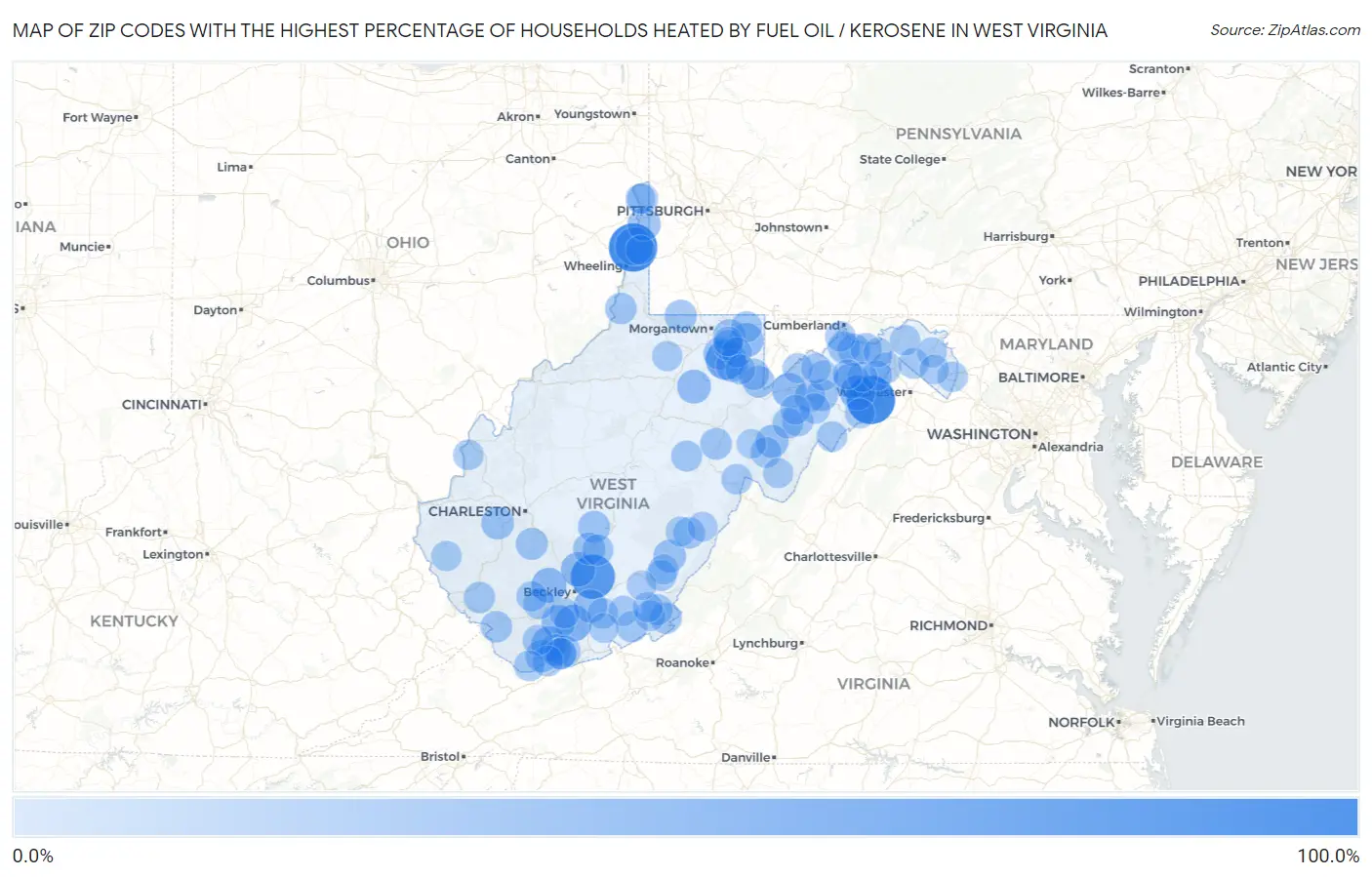 Zip Codes with the Highest Percentage of Households Heated by Fuel Oil / Kerosene in West Virginia Map