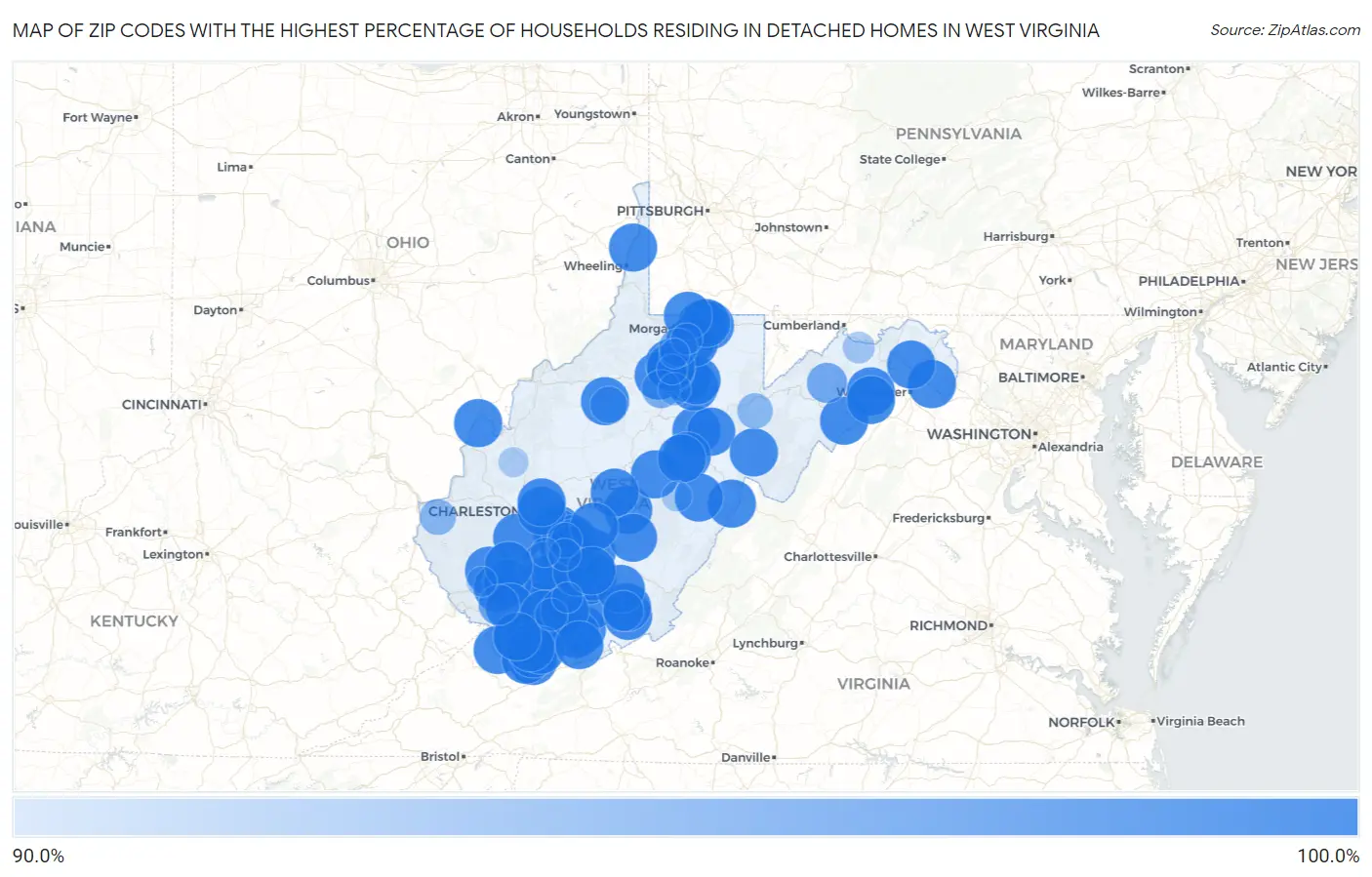 Zip Codes with the Highest Percentage of Households Residing in Detached Homes in West Virginia Map