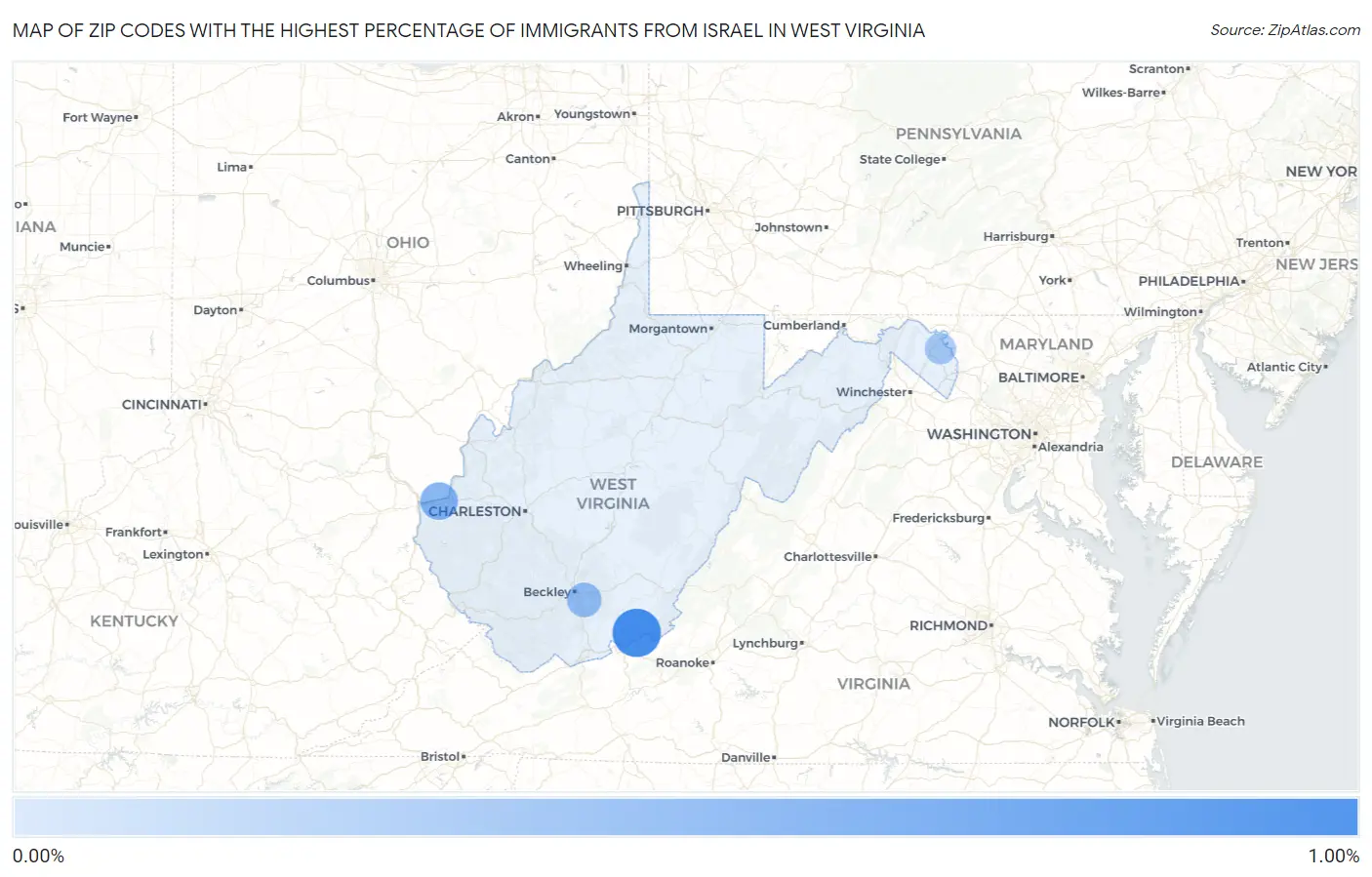 Zip Codes with the Highest Percentage of Immigrants from Israel in West Virginia Map