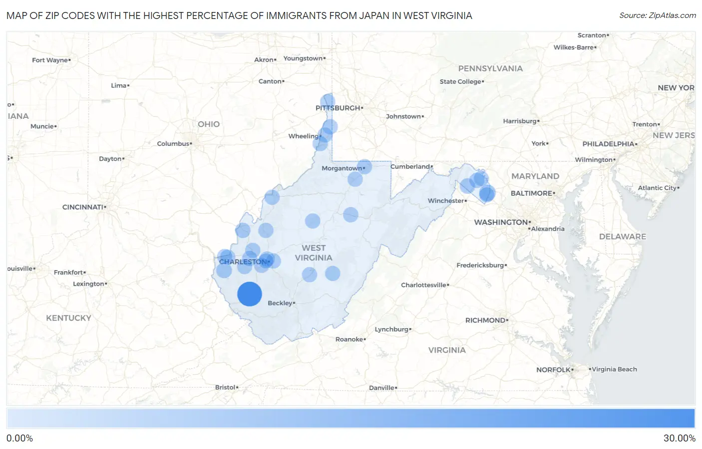 Zip Codes with the Highest Percentage of Immigrants from Japan in West Virginia Map