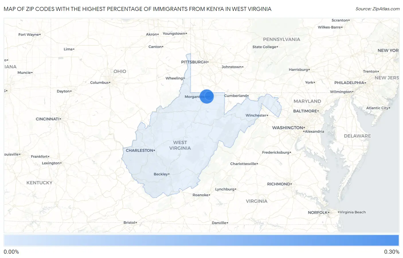 Zip Codes with the Highest Percentage of Immigrants from Kenya in West Virginia Map