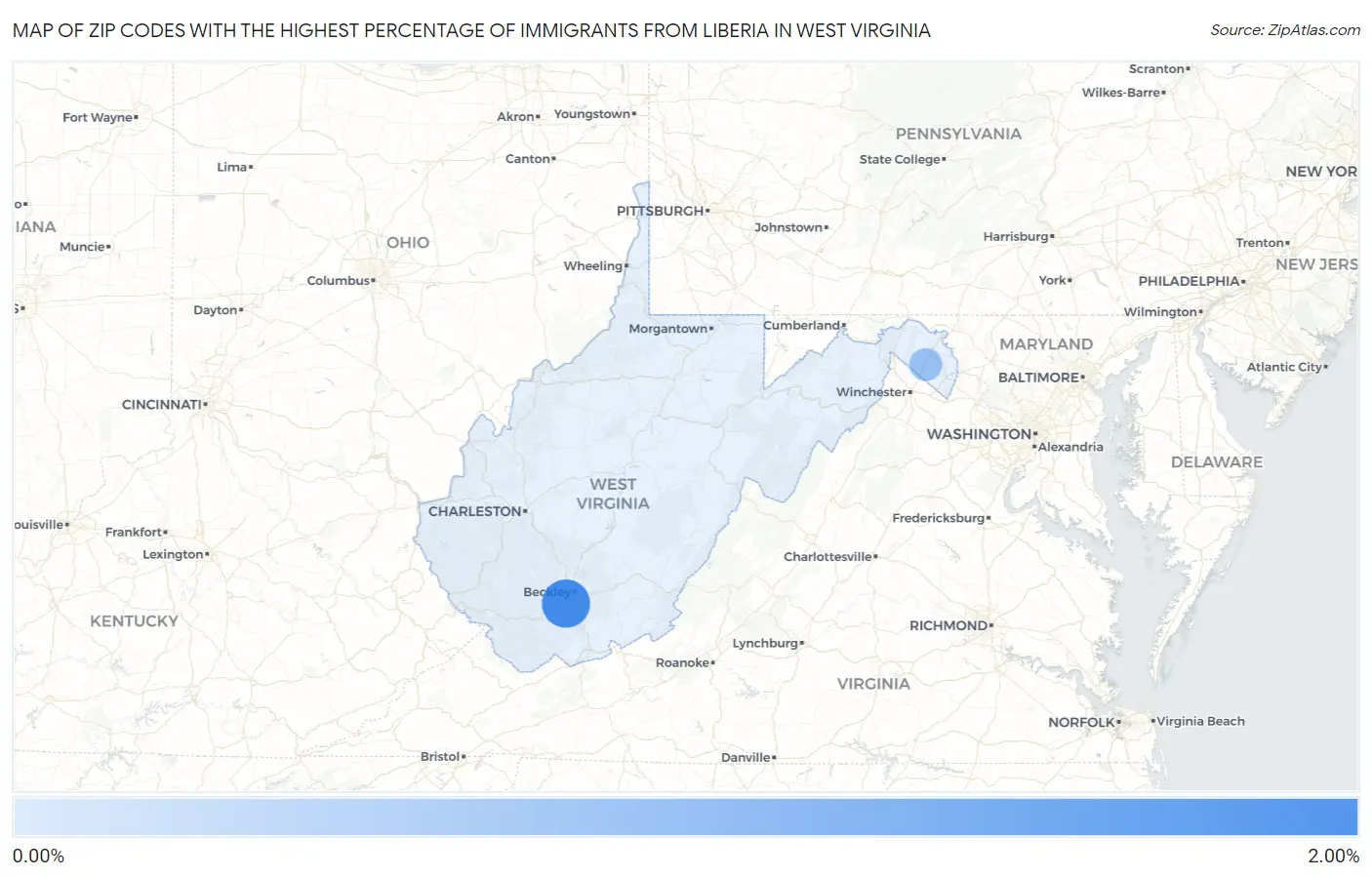 Zip Codes with the Highest Percentage of Immigrants from Liberia in West Virginia Map