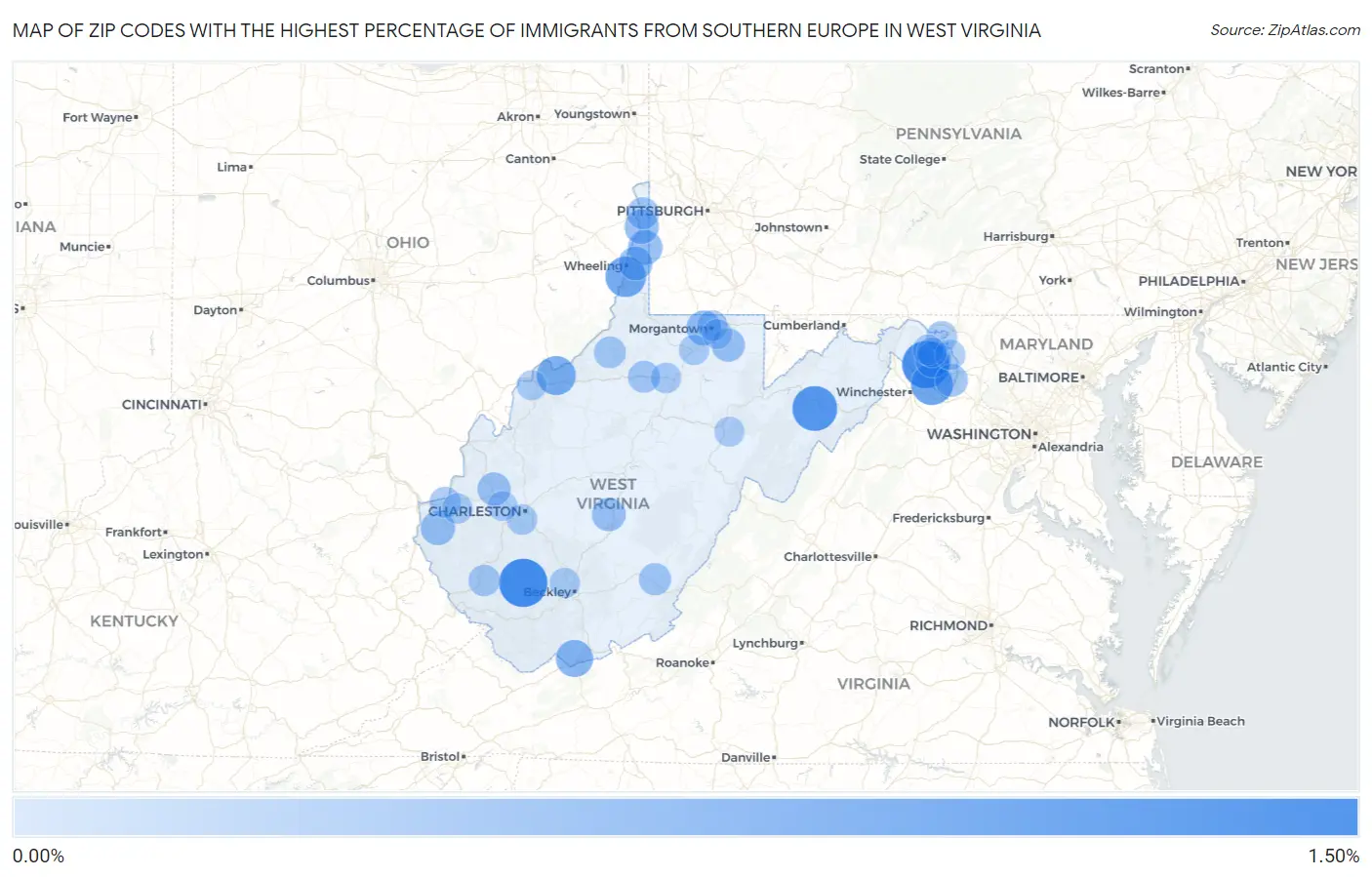 Zip Codes with the Highest Percentage of Immigrants from Southern Europe in West Virginia Map