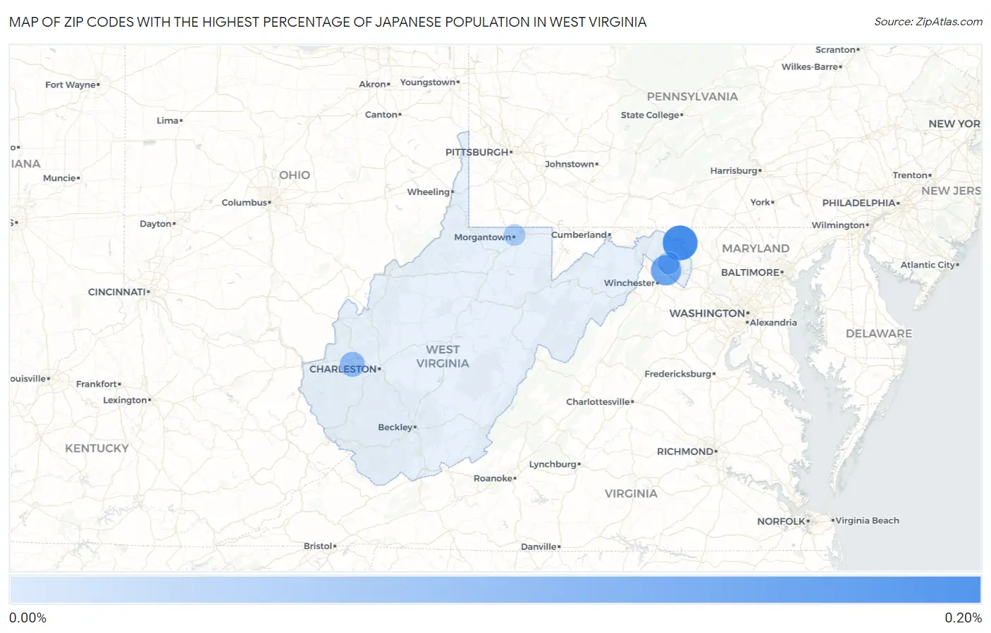 Zip Codes with the Highest Percentage of Japanese Population in West Virginia Map