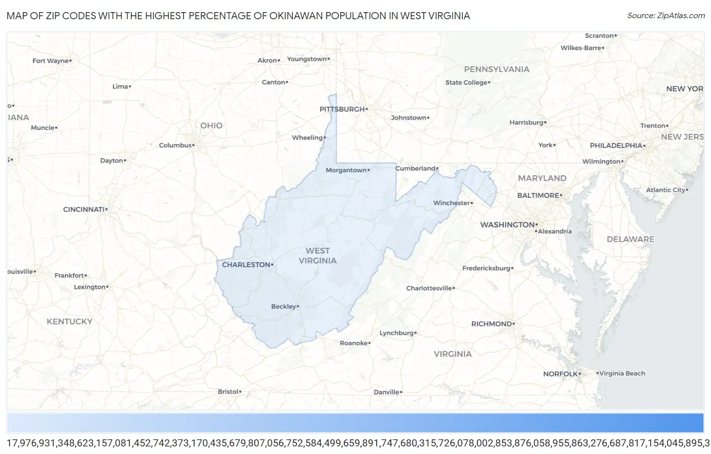 Zip Codes with the Highest Percentage of Okinawan Population in West Virginia Map