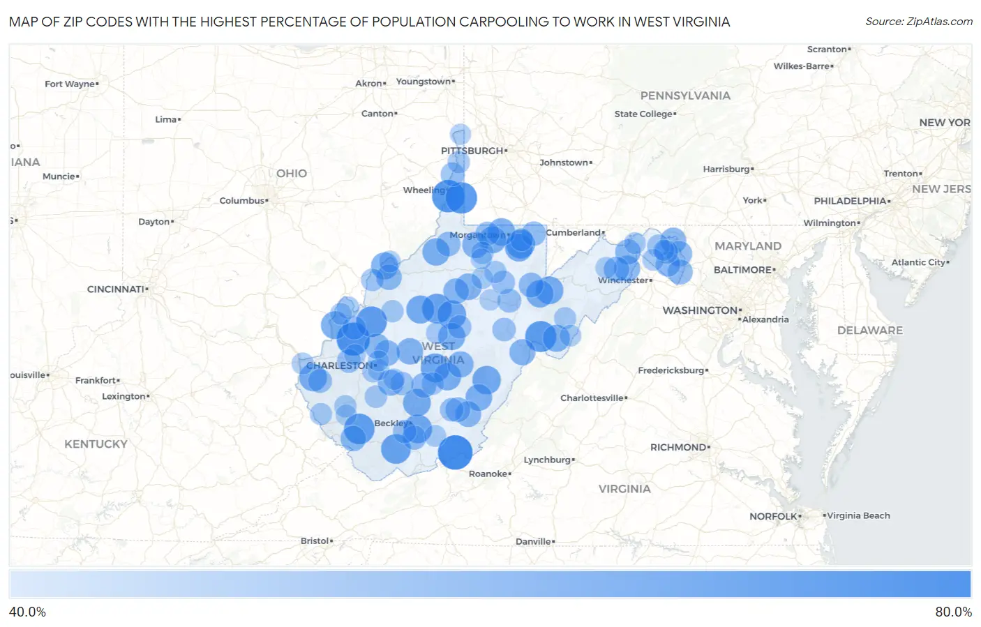 Zip Codes with the Highest Percentage of Population Carpooling to Work in West Virginia Map