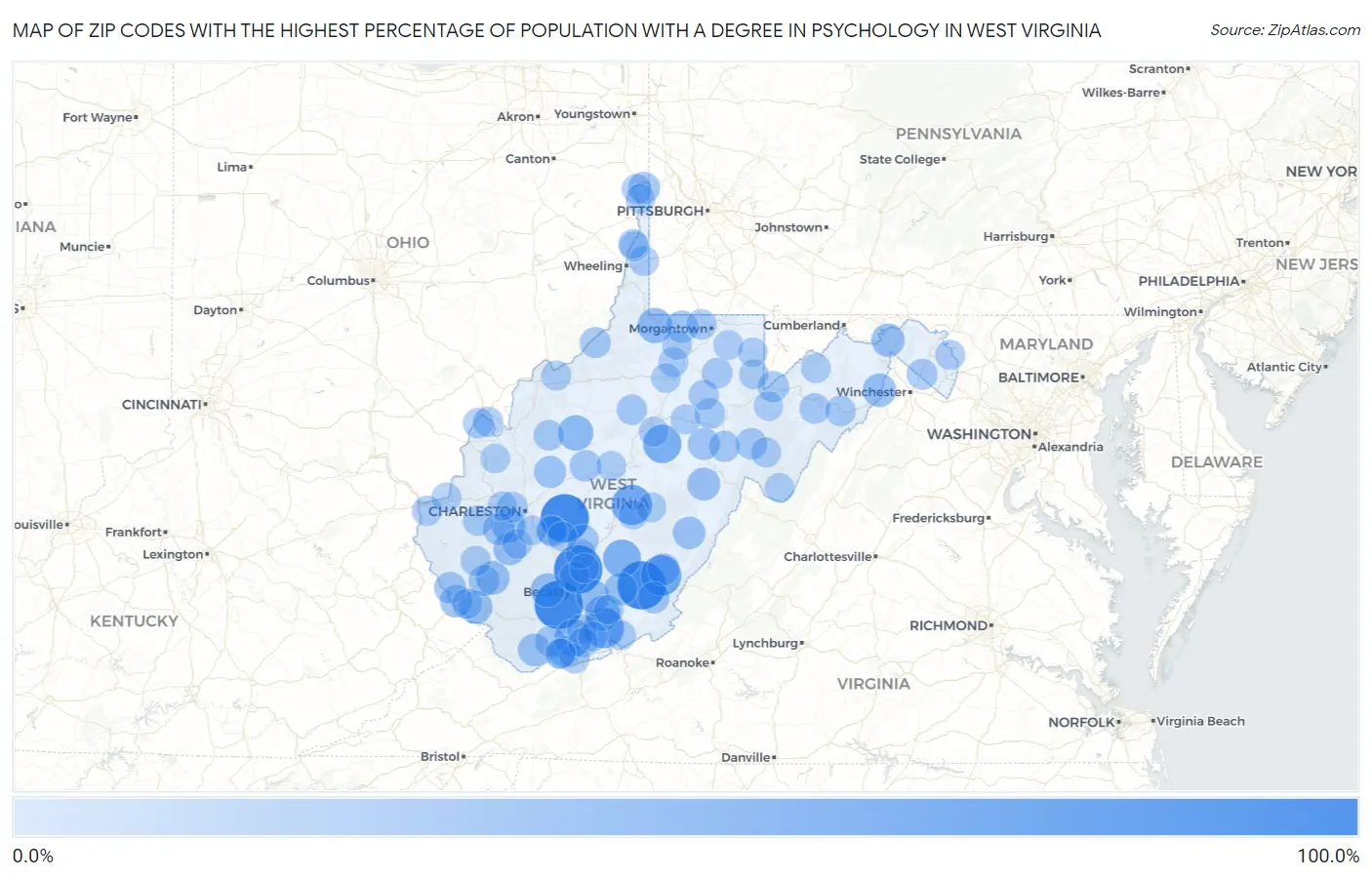 Zip Codes with the Highest Percentage of Population with a Degree in Psychology in West Virginia Map