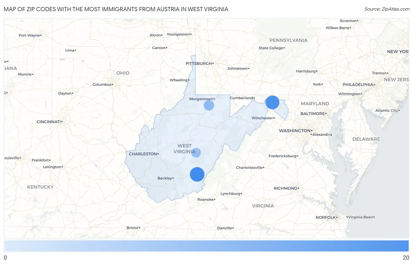 Zip Codes with the Most Immigrants from Austria in West Virginia Map