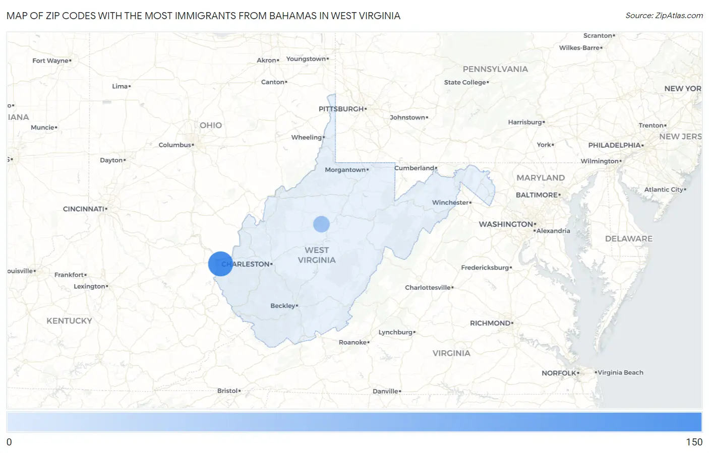 Zip Codes with the Most Immigrants from Bahamas in West Virginia Map