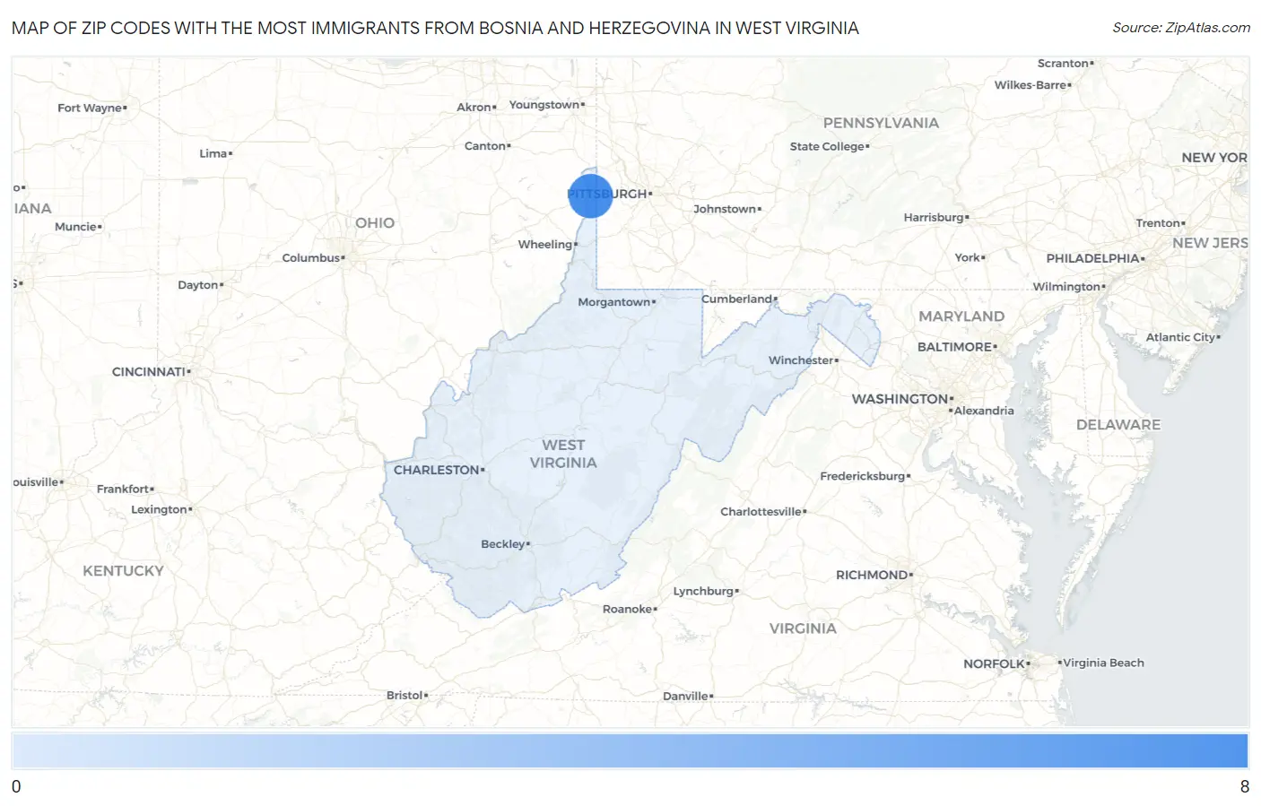 Zip Codes with the Most Immigrants from Bosnia and Herzegovina in West Virginia Map