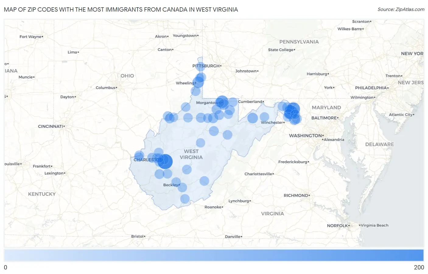 Zip Codes with the Most Immigrants from Canada in West Virginia Map