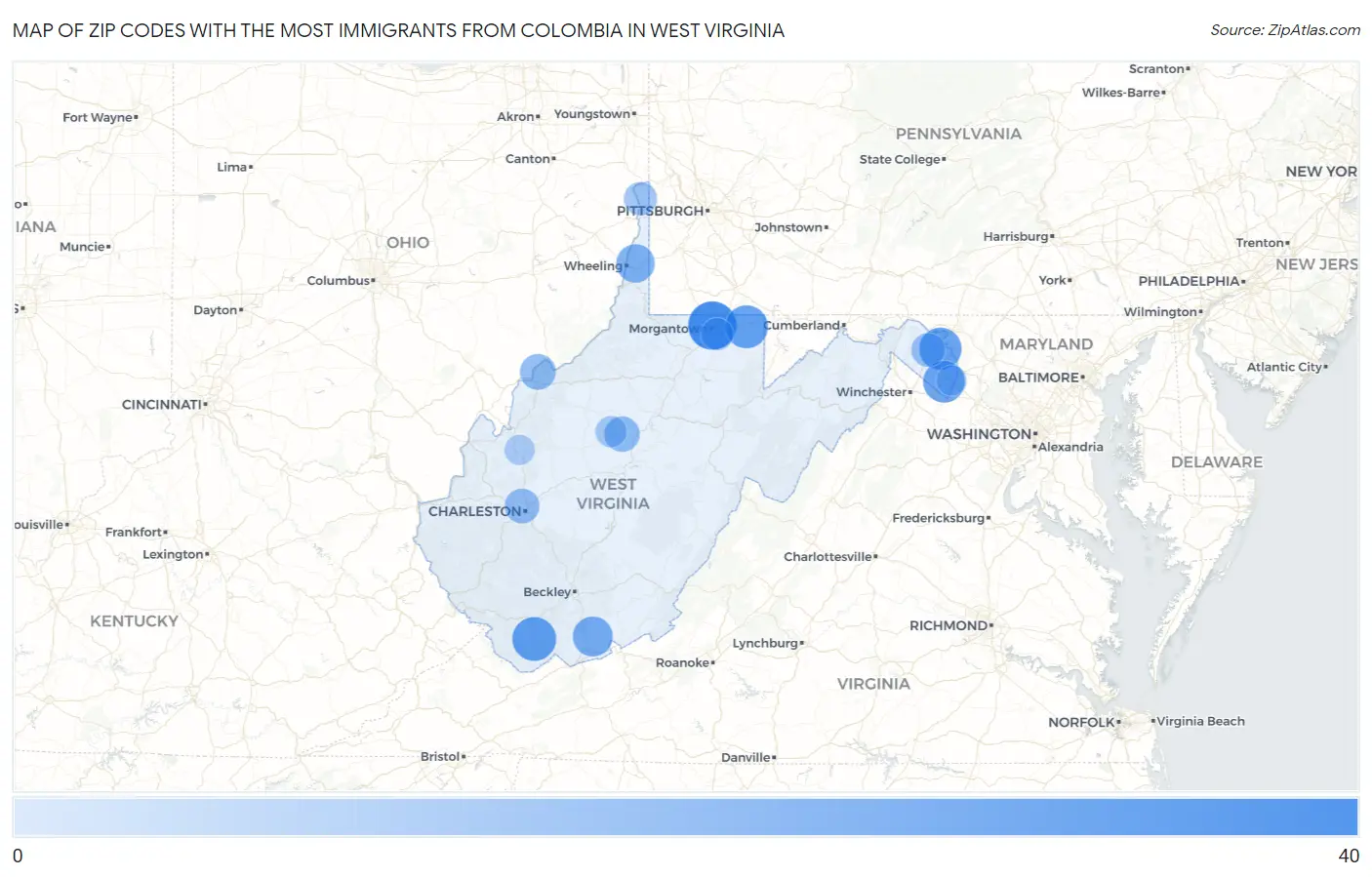 Zip Codes with the Most Immigrants from Colombia in West Virginia Map