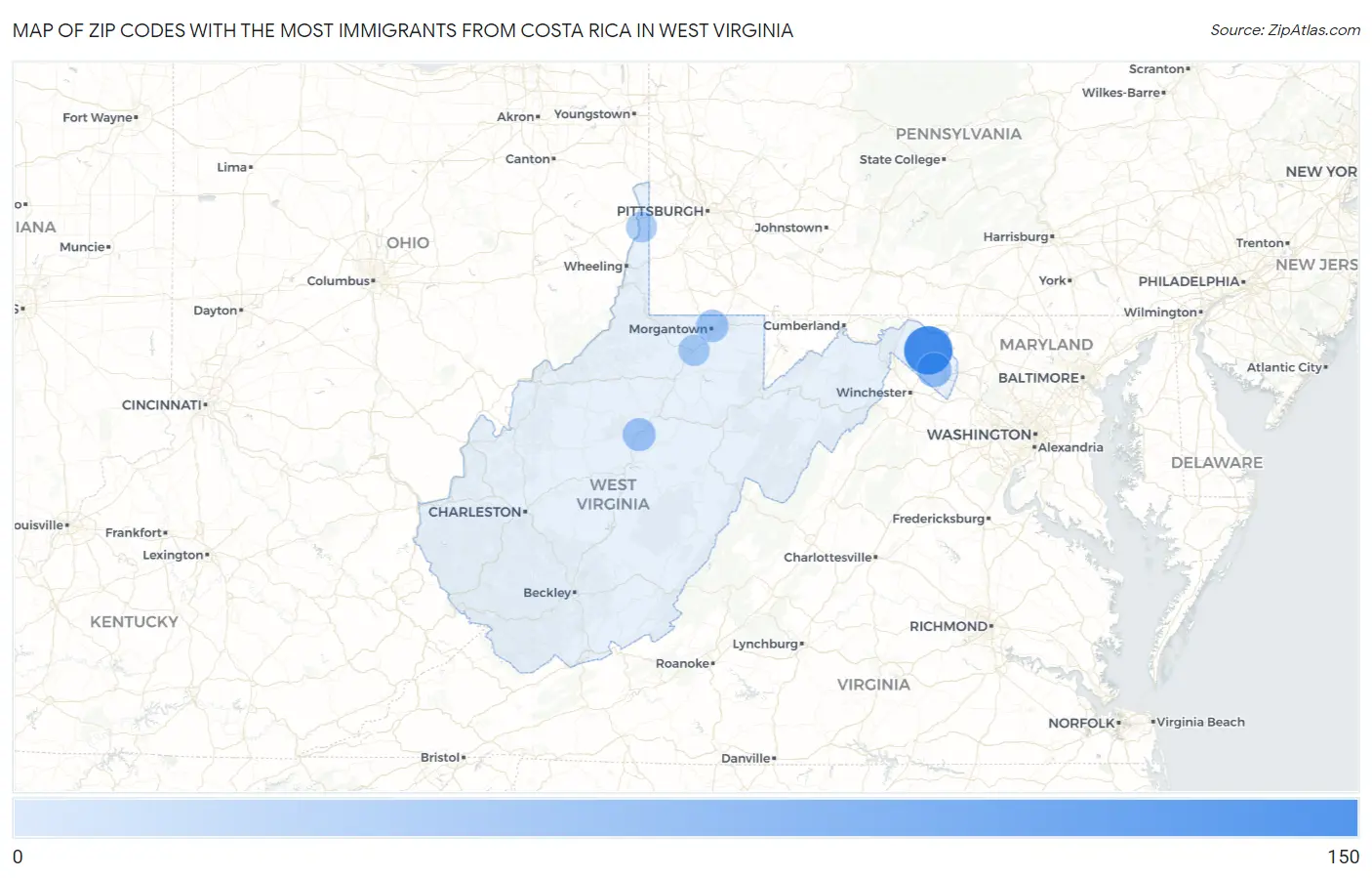 Zip Codes with the Most Immigrants from Costa Rica in West Virginia Map
