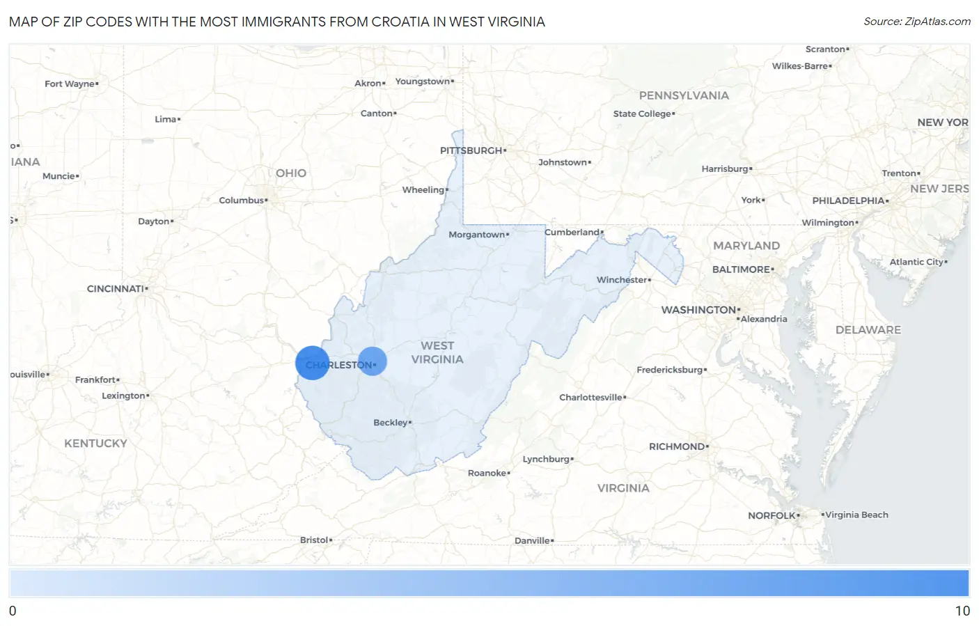 Zip Codes with the Most Immigrants from Croatia in West Virginia Map