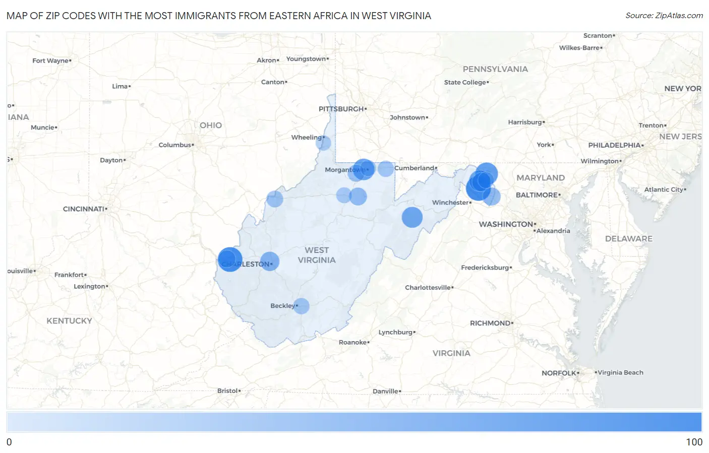 Zip Codes with the Most Immigrants from Eastern Africa in West Virginia Map