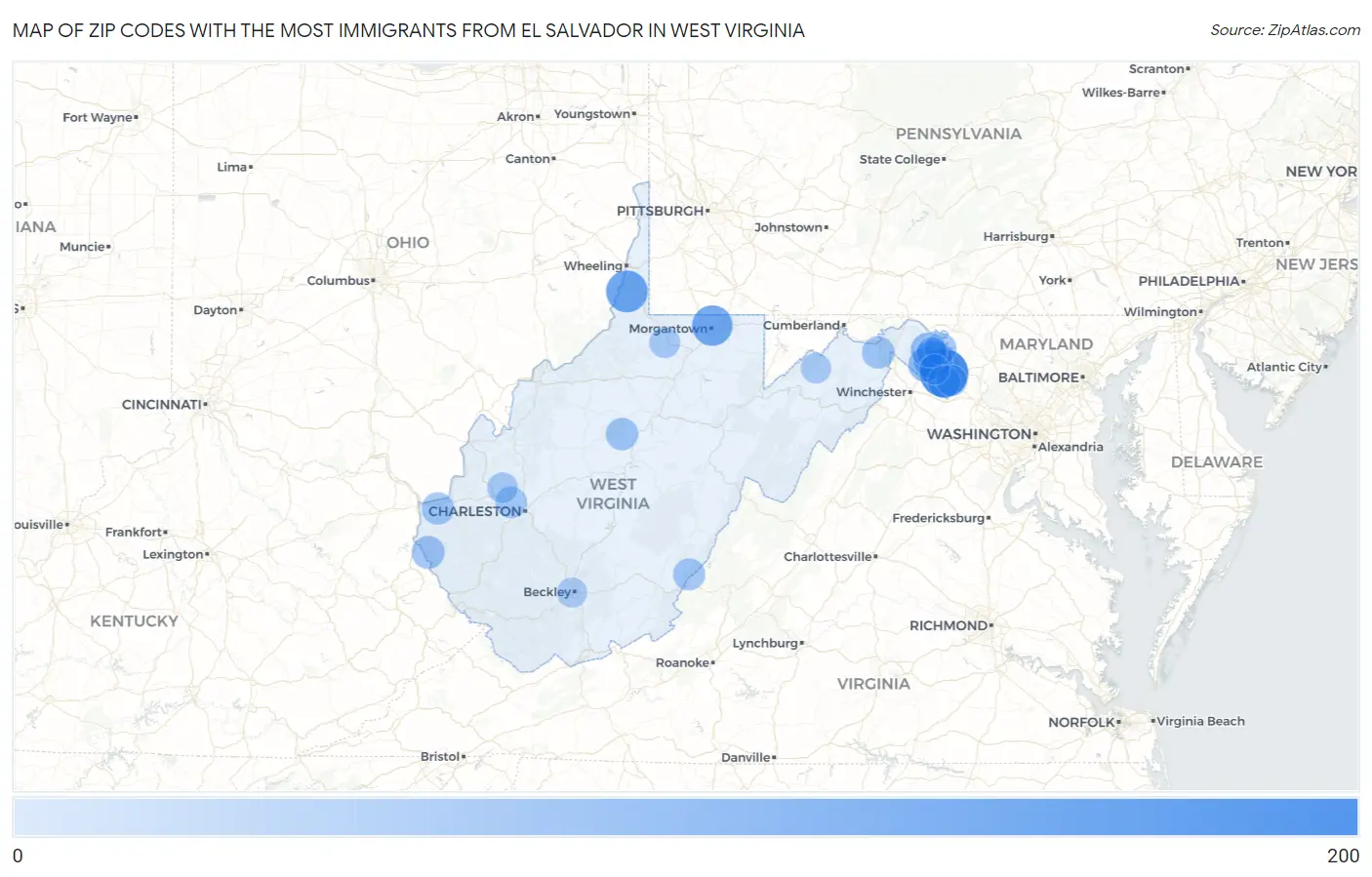 Zip Codes with the Most Immigrants from El Salvador in West Virginia Map