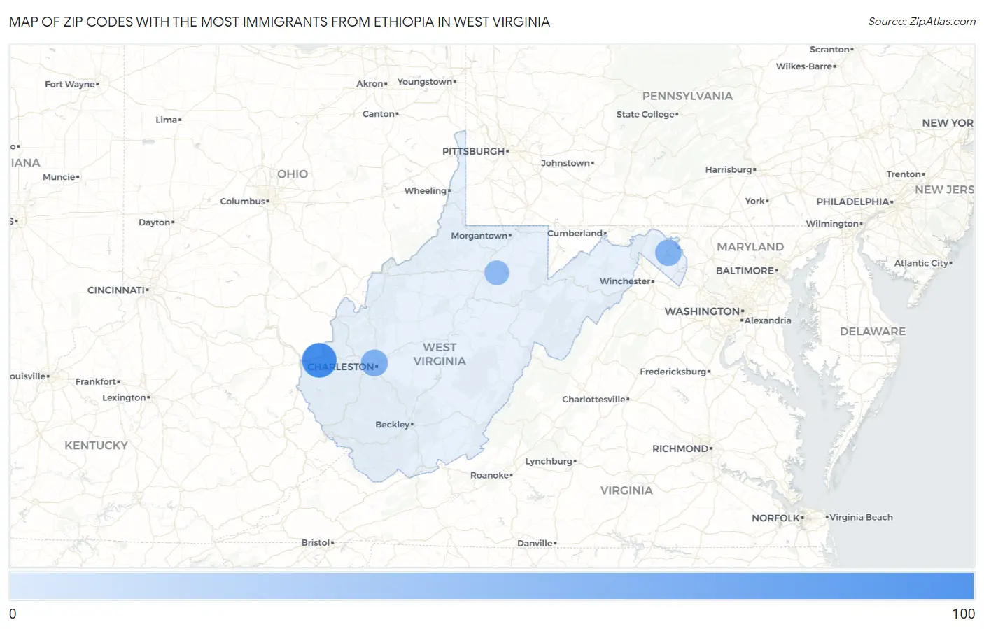 Zip Codes with the Most Immigrants from Ethiopia in West Virginia Map